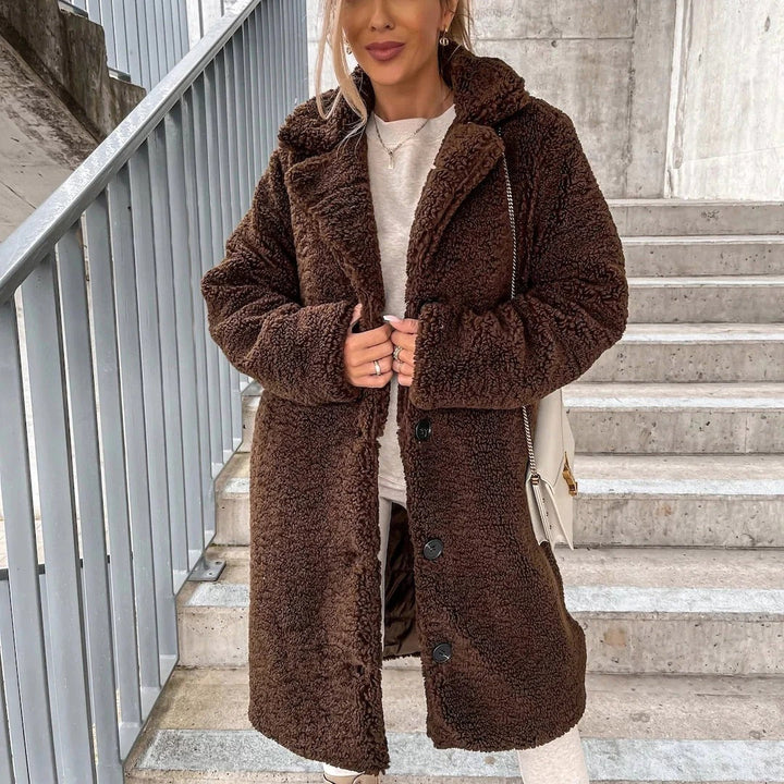 "Naisten pitkä teddy takki tekonahkaa, ylisuuri istuvuus, notched lapel, lämmin syksyn ja talven takki."