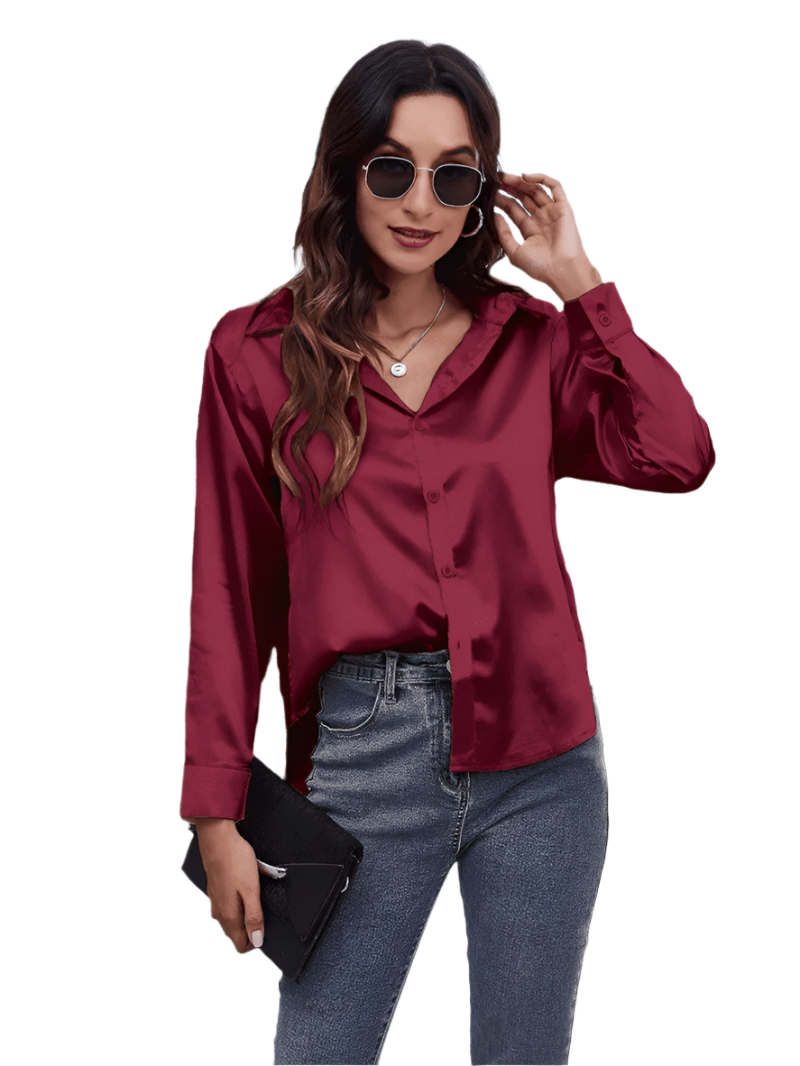 Dame langærmet bluse i satinlook, fås i flere farver, til et luksuriøst og elegant look.