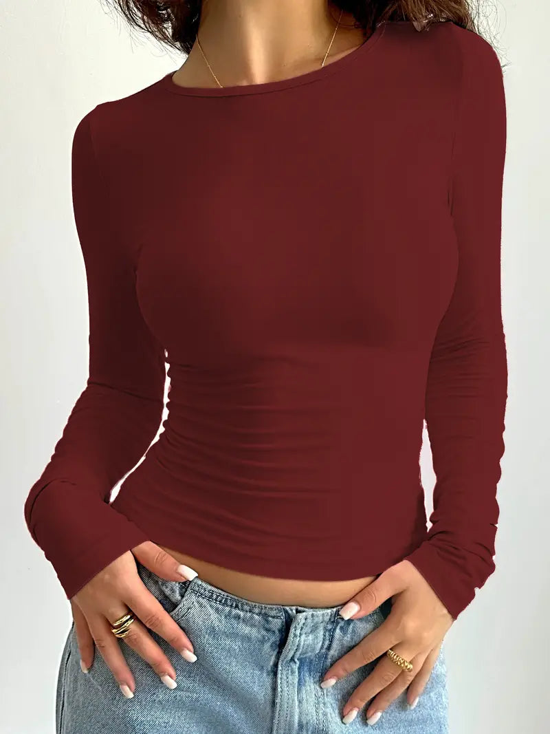 Dame langærmet T-shirt, bordeaux, rund hals, åndbar og behagelig til hverdag og fest.