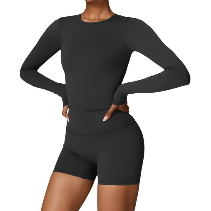 Dame langærmet Dry Fit yoga t-shirt, grå, fugttransporterende stof, åndbar og fleksibel for bevægelse.