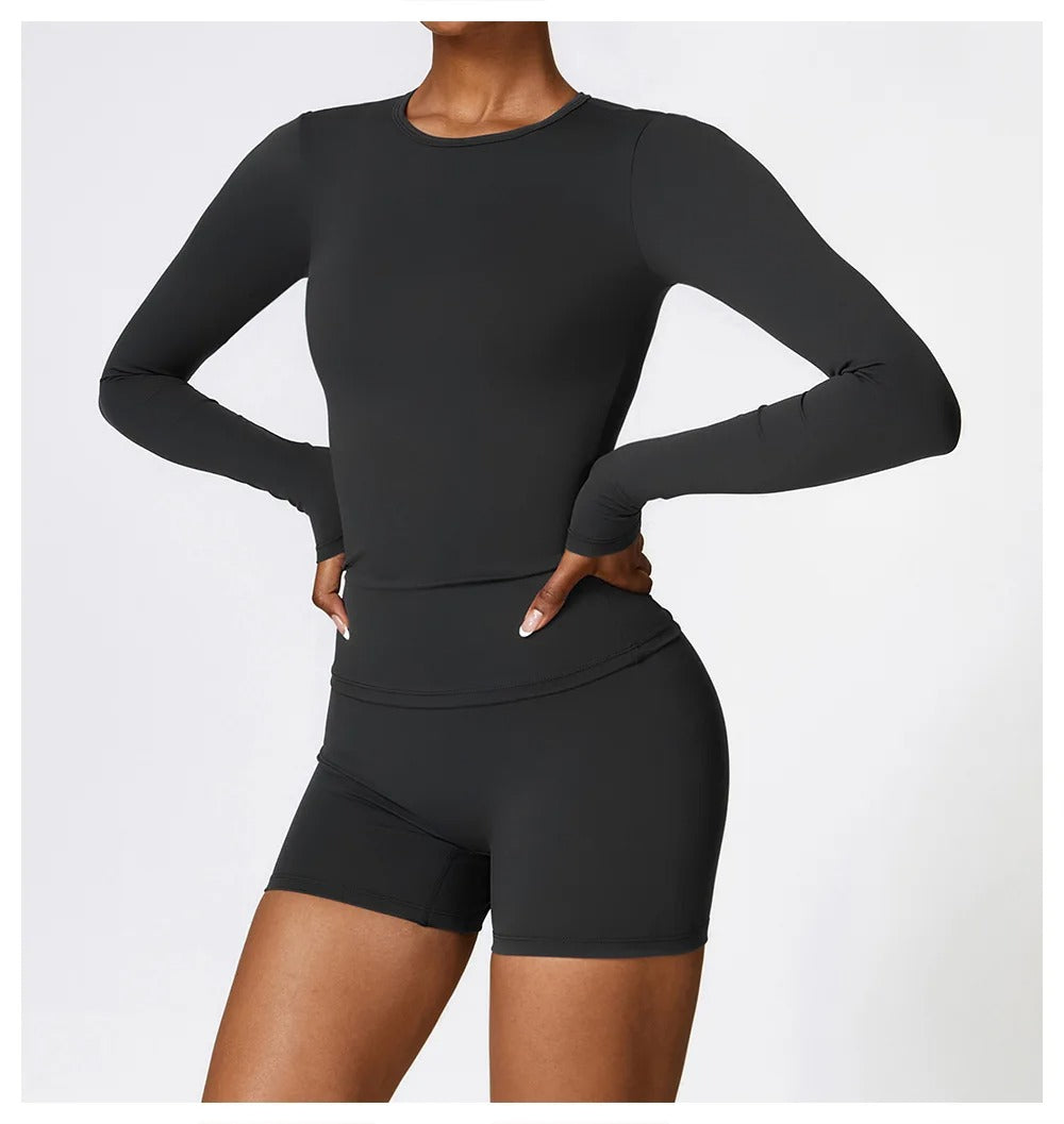 Dame langærmet Dry Fit yoga t-shirt, grå, fugttransporterende stof, åndbar og fleksibel for bevægelse.