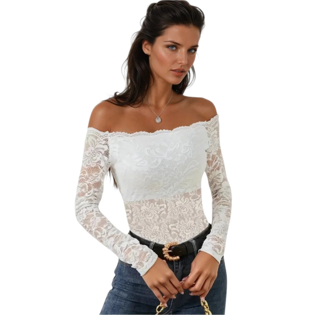 Dame langærmet off-shoulder mesh top, elegant stil, charmerende mesh-detalje, perfekt til hverdagsbrug og fester.