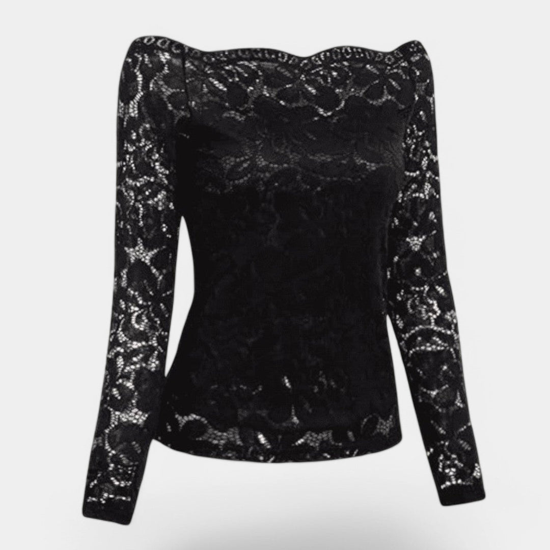 Dame langærmet off-shoulder mesh top, elegant stil, charmerende mesh-detalje, perfekt til hverdagsbrug og fester.