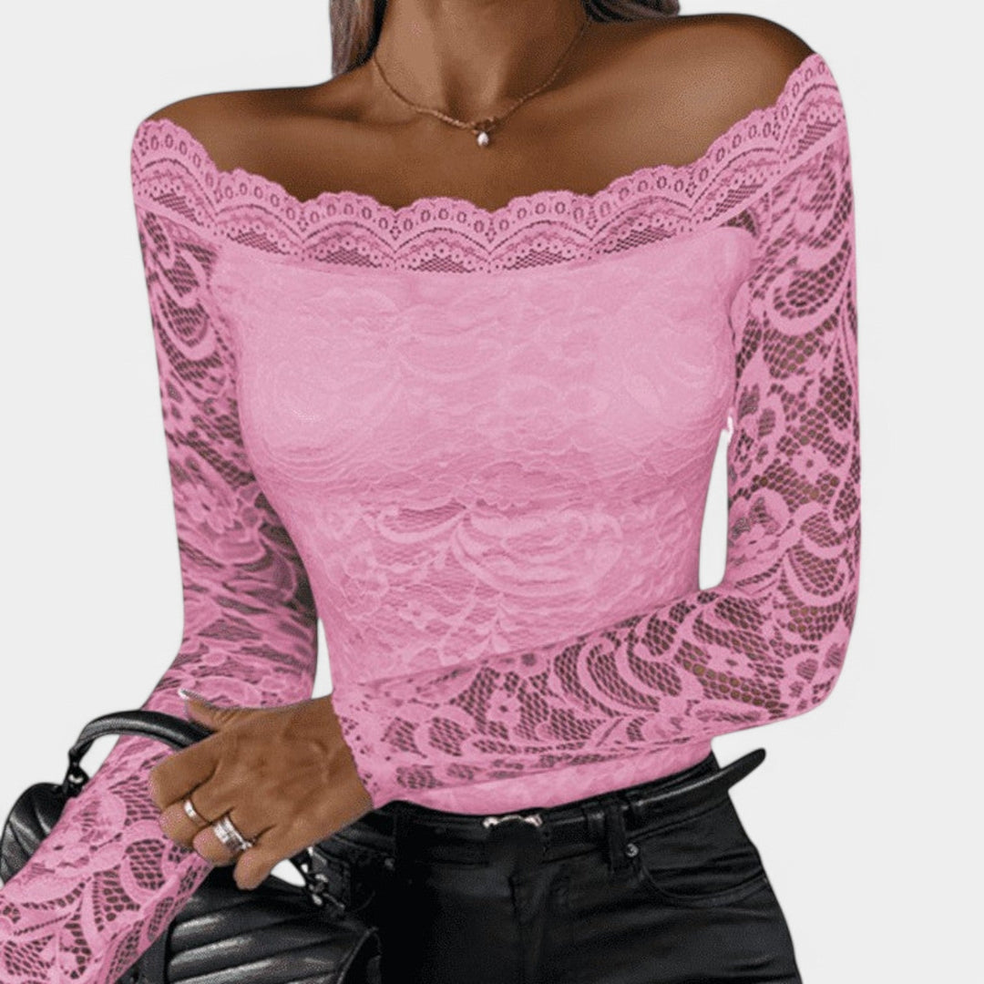 Dame langærmet off-shoulder mesh top, elegant stil, charmerende mesh-detalje, perfekt til hverdagsbrug og fester.
