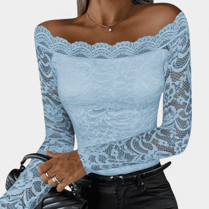 Dame langærmet off-shoulder mesh top, elegant stil, charmerende mesh-detalje, perfekt til hverdagsbrug og fester.