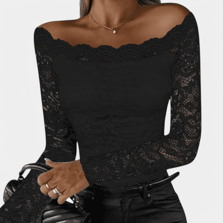Dame langærmet off-shoulder mesh top, elegant stil, charmerende mesh-detalje, perfekt til hverdagsbrug og fester.