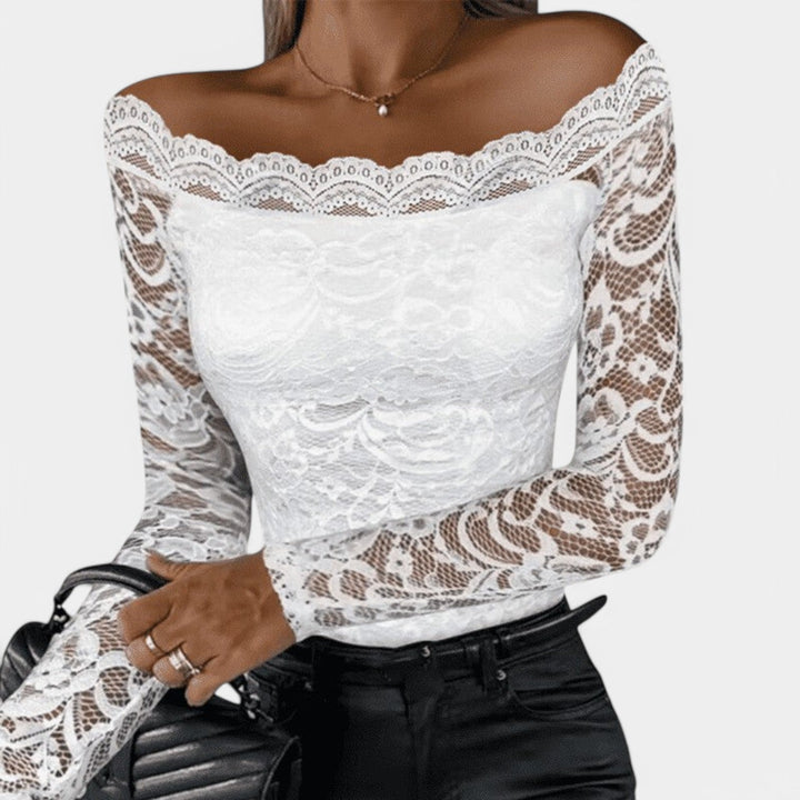 Dame langærmet off-shoulder mesh top, elegant stil, charmerende mesh-detalje, perfekt til hverdagsbrug og fester.