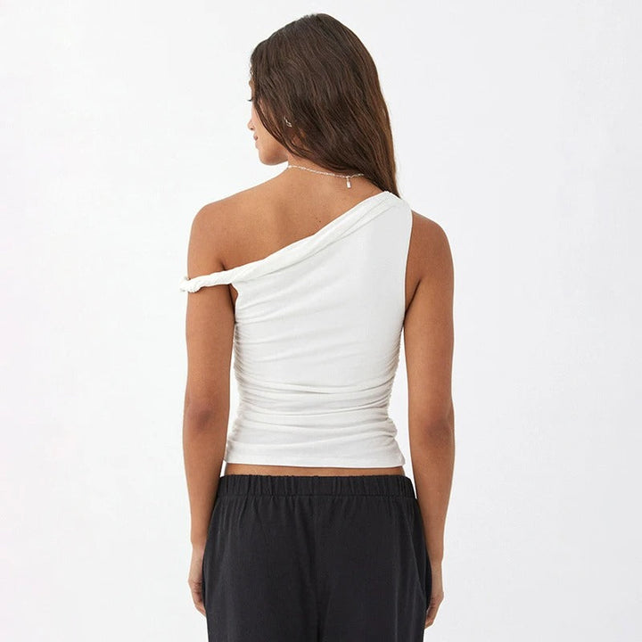 Dame off-shoulder crop top med blonder, hvid, sommerligt design, perfekt til højtaljede underdele.
