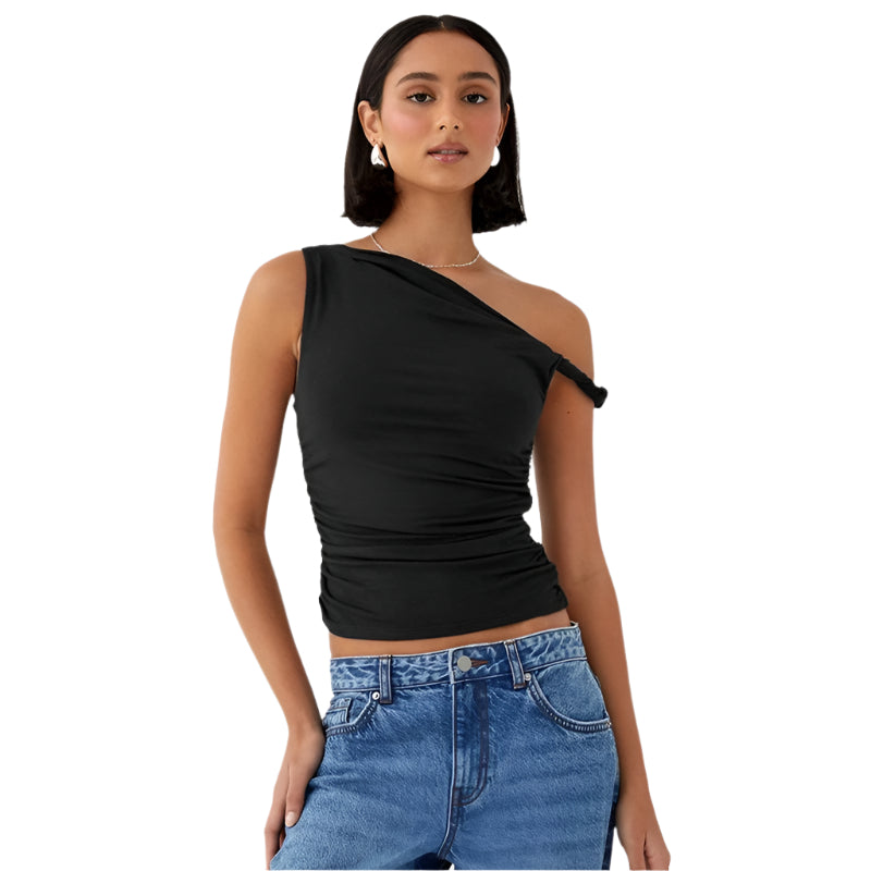 Dame off-shoulder crop top med blonder, hvid, sommerligt design, perfekt til højtaljede underdele.