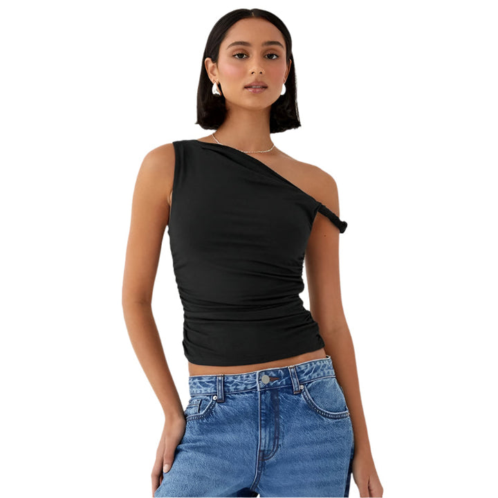 Dame off-shoulder crop top med blonder, hvid, sommerligt design, perfekt til højtaljede underdele.