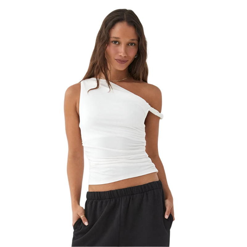 Dame off-shoulder crop top med blonder, hvid, sommerligt design, perfekt til højtaljede underdele.