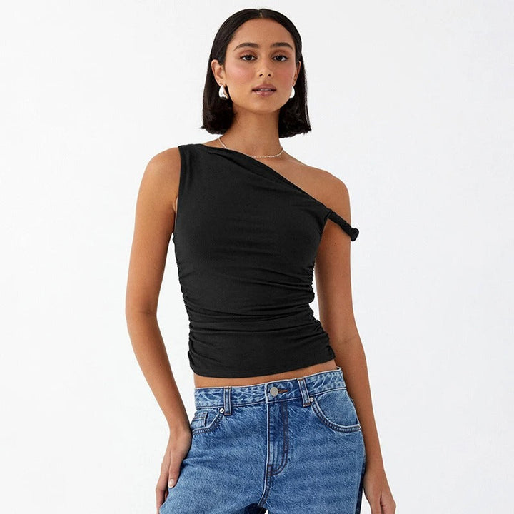 Dame off-shoulder crop top med blonder, hvid, sommerligt design, perfekt til højtaljede underdele.