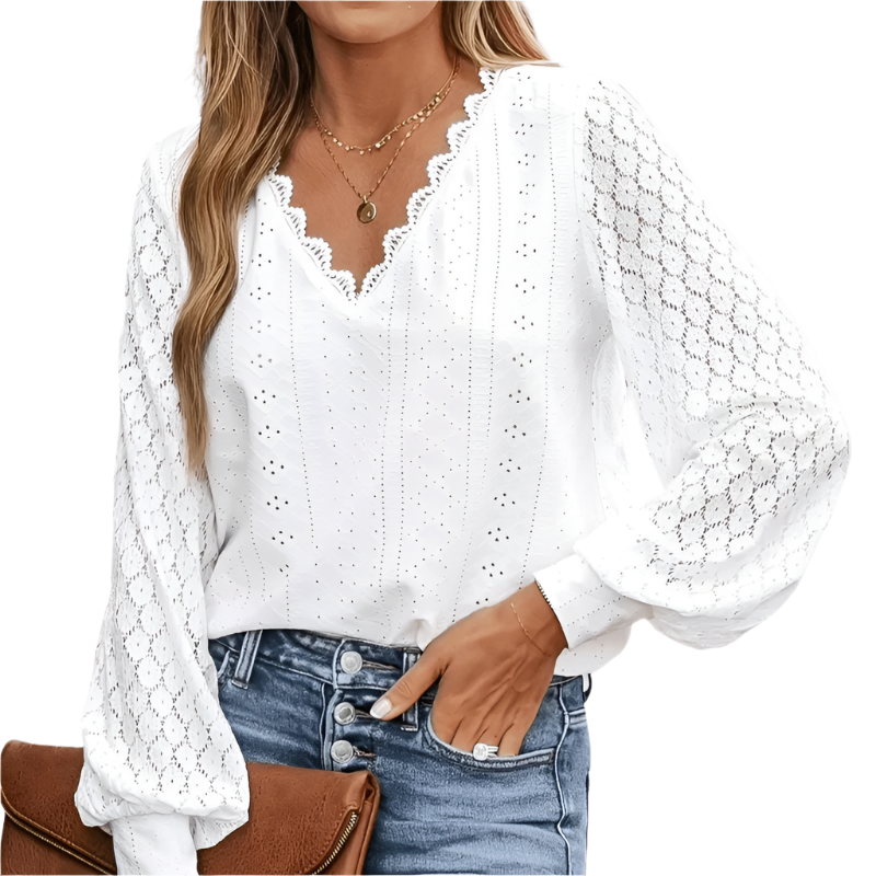 Dame blondebluse med V-hals, ærmeløs, elegant blondekant, feminin pasform, alsidig.