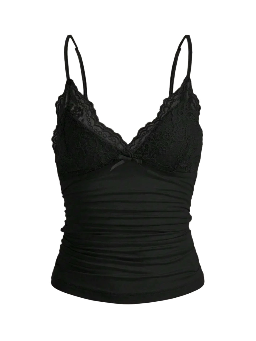 Dame kort top med blondekant og sløjfe. Let, justerbare stropper, perfekt til sommerlook.