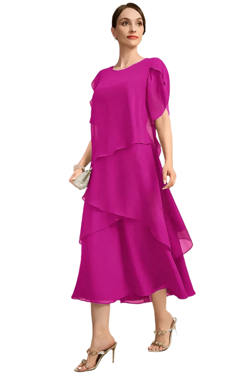 Dame plus size chiffon kjole med lagdelt kant og kronbladsærmer, elegant og let, fotograferet forfra.