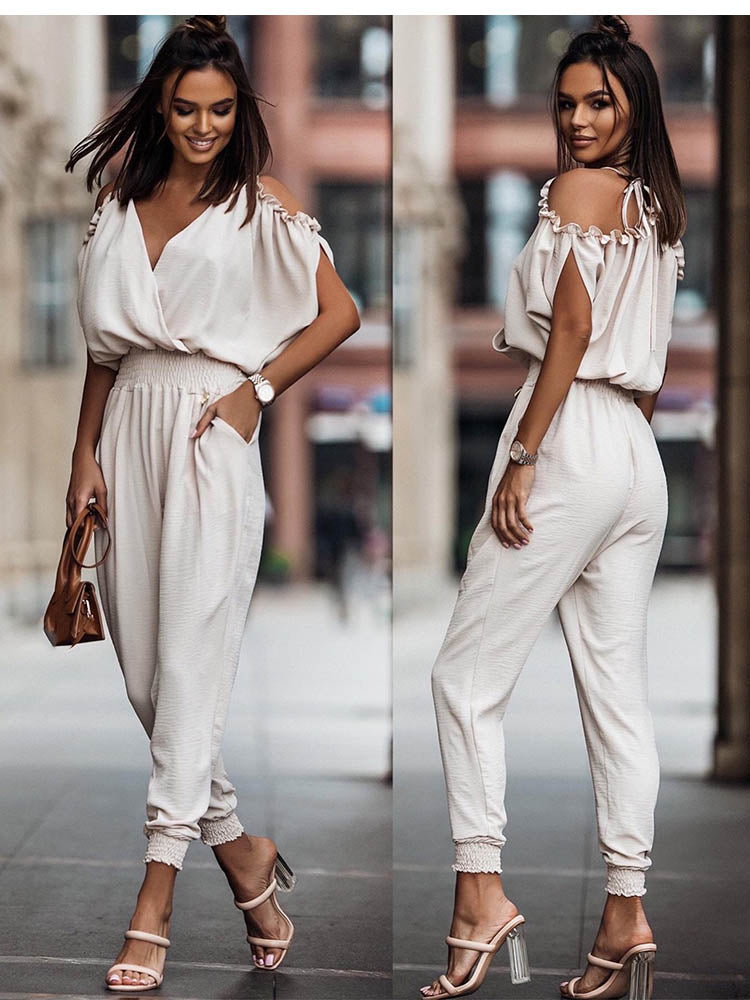 Dame jumpsuit med åbne skuldre og V-udskæring