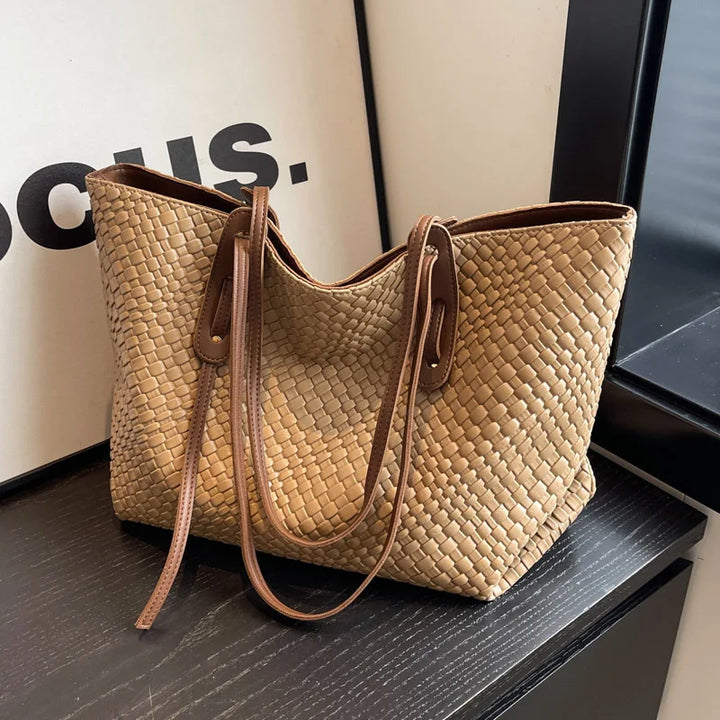 Dame Totes Lækker Flettet Kunstlæder Skuldertaske, beige, rummelig og stilfuldt design