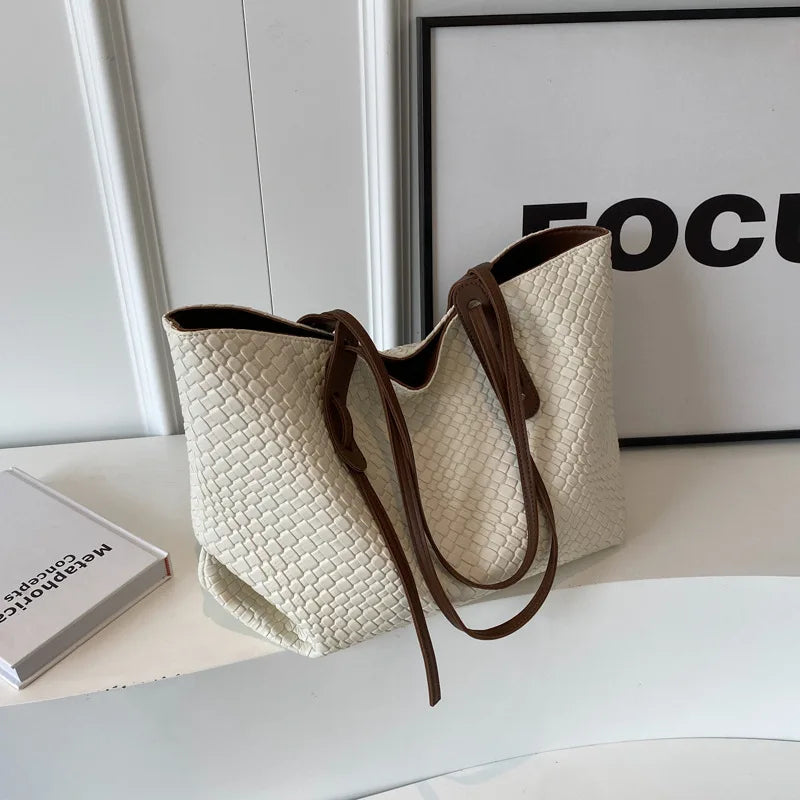 Dame Totes Lækker Flettet Kunstlæder Skuldertaske, beige, rummelig og stilfuldt design