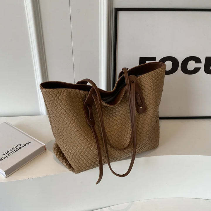 Dame Totes Lækker Flettet Kunstlæder Skuldertaske, beige, rummelig og stilfuldt design