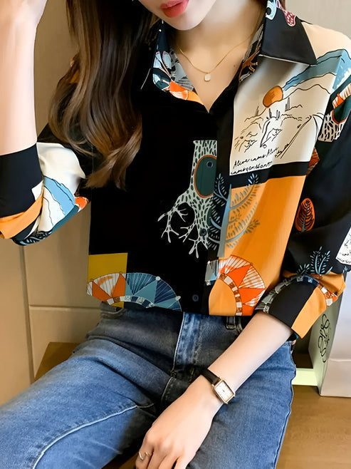 Damebluse bagfra, vintage-stil, charmerende print, åndbar og behagelig til hverdagsbrug