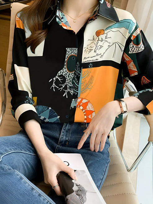 Damebluse forfra, vintage-stil, charmerende print, åndbar og behagelig til hverdagsbrug
