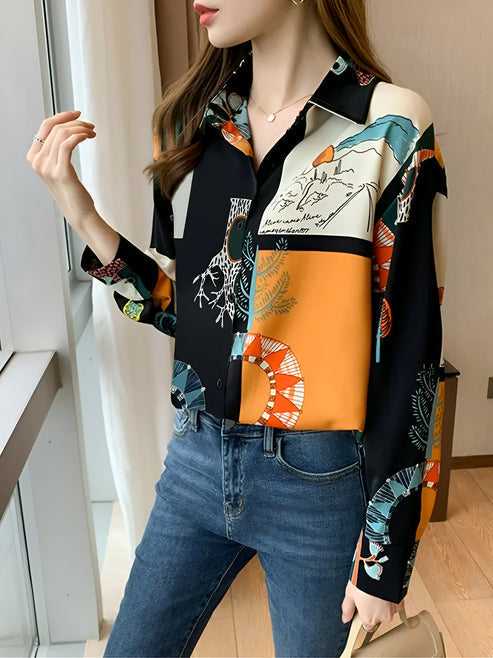 Damebluse forfra, vintage-stil, charmerende print, åndbar og behagelig til hverdagsbrug