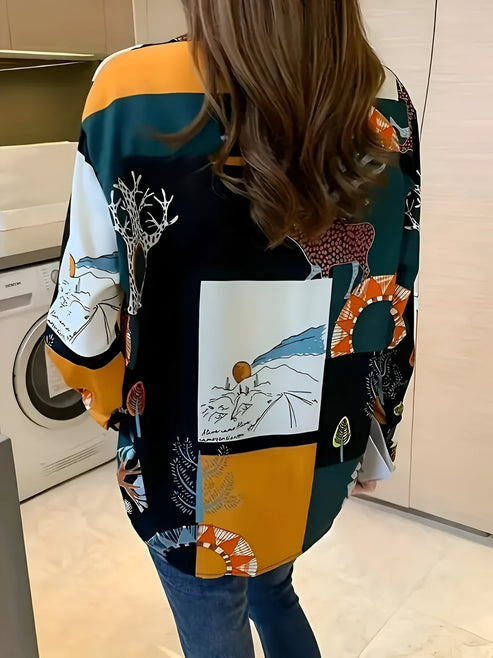 Damebluse forfra, vintage-stil, charmerende print, åndbar og behagelig til hverdagsbrug