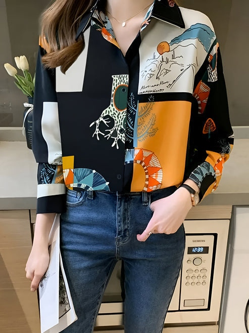 Damebluse forfra, vintage-stil, charmerende print, åndbar og behagelig til hverdagsbrug