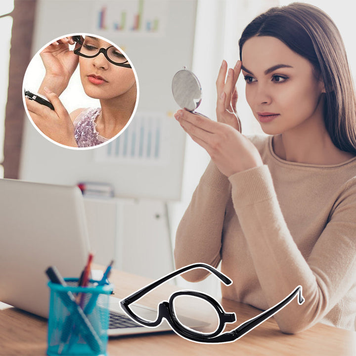 Dame makeup briller med runde, flip-up linser, stilfuldt og ergonomisk design, der gør det nemmere at lægge makeup.
