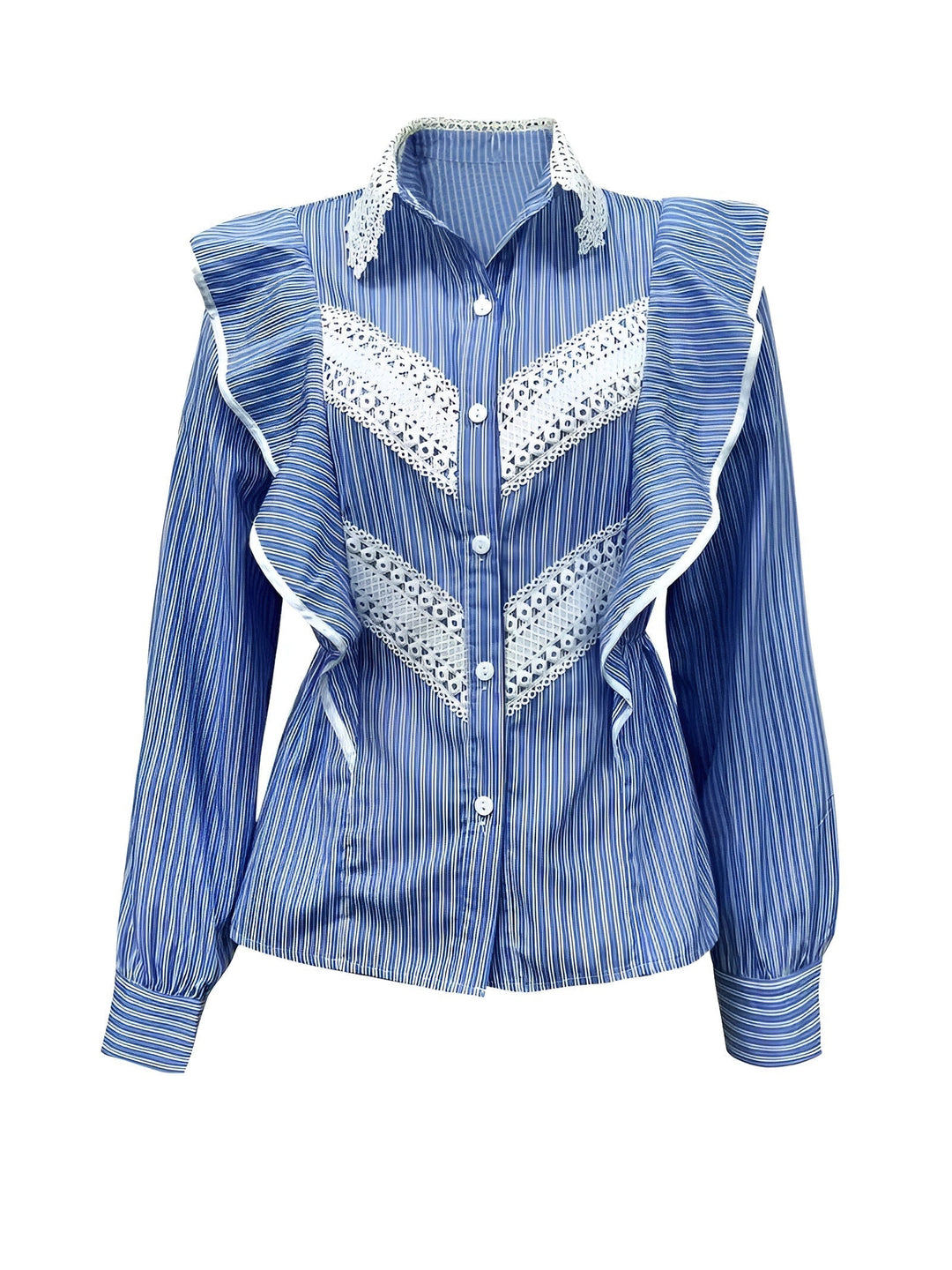 Dame stribet langærmet bluse med flæser, blødt materiale og elegant design. Perfekt til hverdagsbrug og fest.
