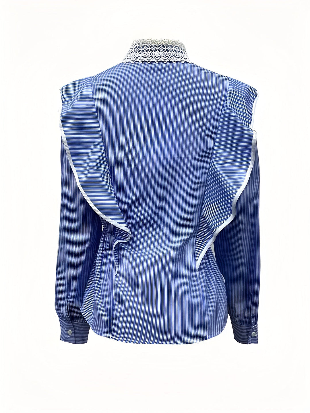 Dame stribet langærmet bluse med flæser, blødt materiale og elegant design. Perfekt til hverdagsbrug og fest.