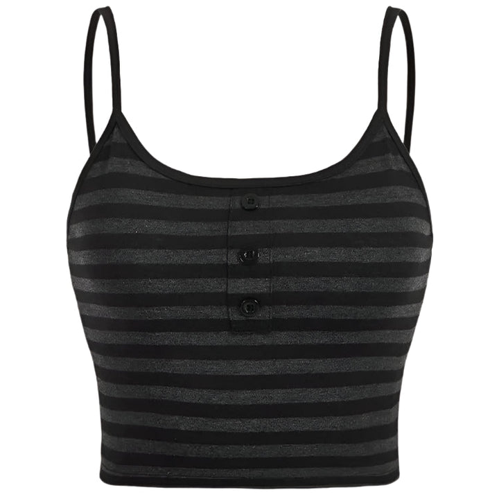 Dame stribet crop top med spaghetti stropper, knapper foran, let og åndbart materiale, egnet til sommerstil.
