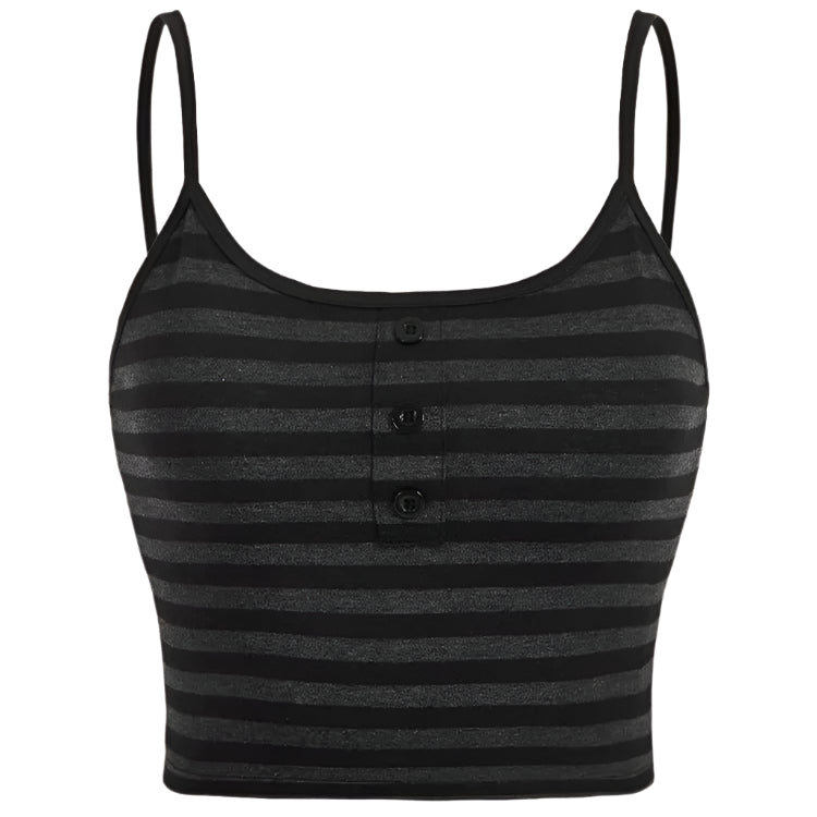 Dame stribet crop top med spaghetti stropper, knapper foran, let og åndbart materiale, egnet til sommerstil.