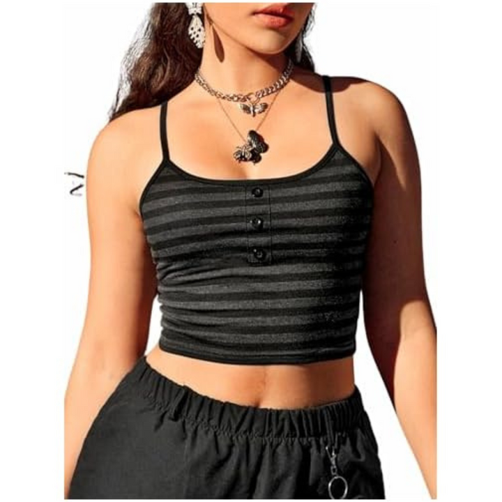 Dame stribet crop top med spaghetti stropper, knapper foran, let og åndbart materiale, egnet til sommerstil.