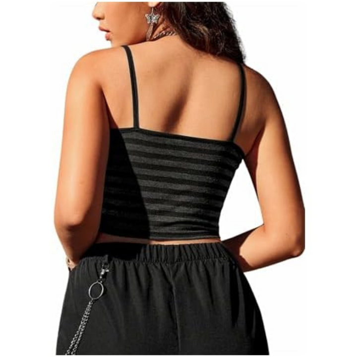 Dame stribet crop top med spaghetti stropper, knapper foran, let og åndbart materiale, egnet til sommerstil.