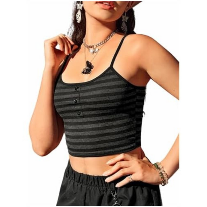 Dame stribet crop top med spaghetti stropper, knapper foran, let og åndbart materiale, egnet til sommerstil.