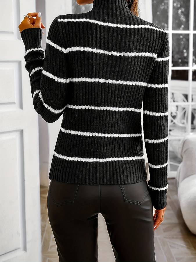 Dame stribet striktrøje med rund hals, til efterår og vinter, blød, tidløst og moderne design.