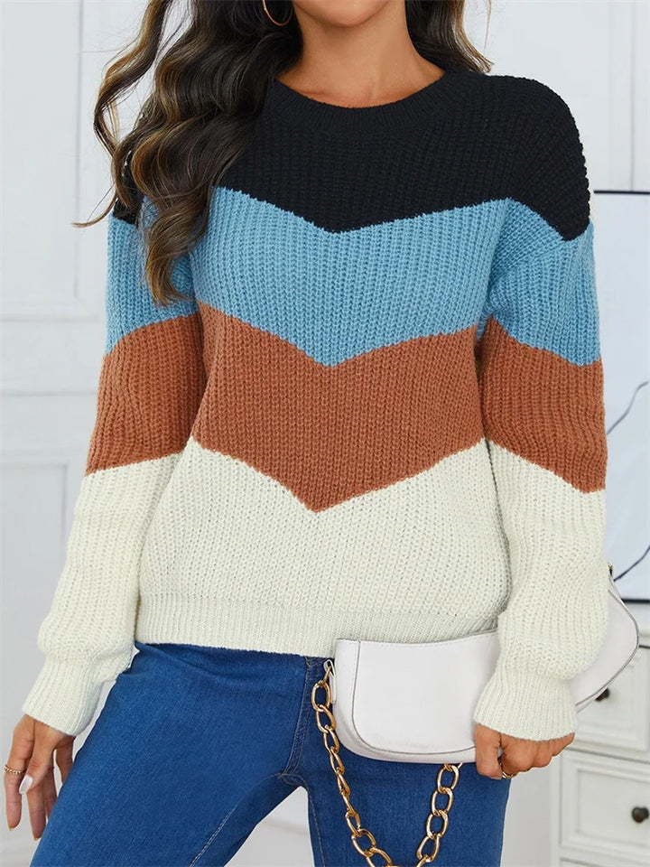 Dame stribet sweater med rund hals, flerfarvede striber, elegant og behagelig.