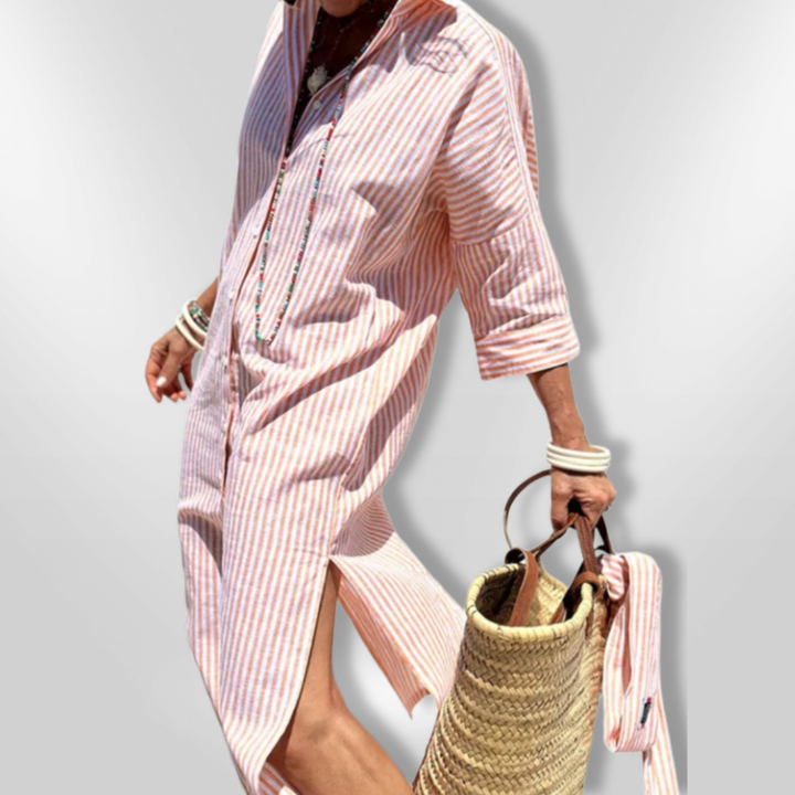 Dame stribet kjole, klassisk stribet mønster, let design, afslappet og åndbar sommerkjole til stranden eller byen.