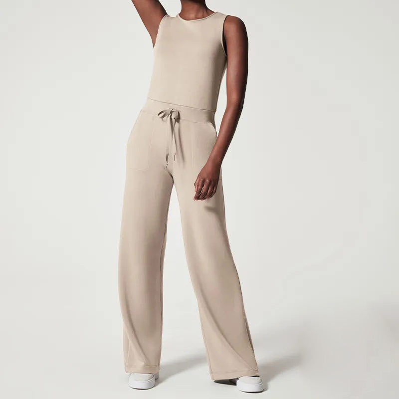 Dame afslappet jumpsuit med brede ben og taljebælte, luftig sommerkjole med korte ærmer