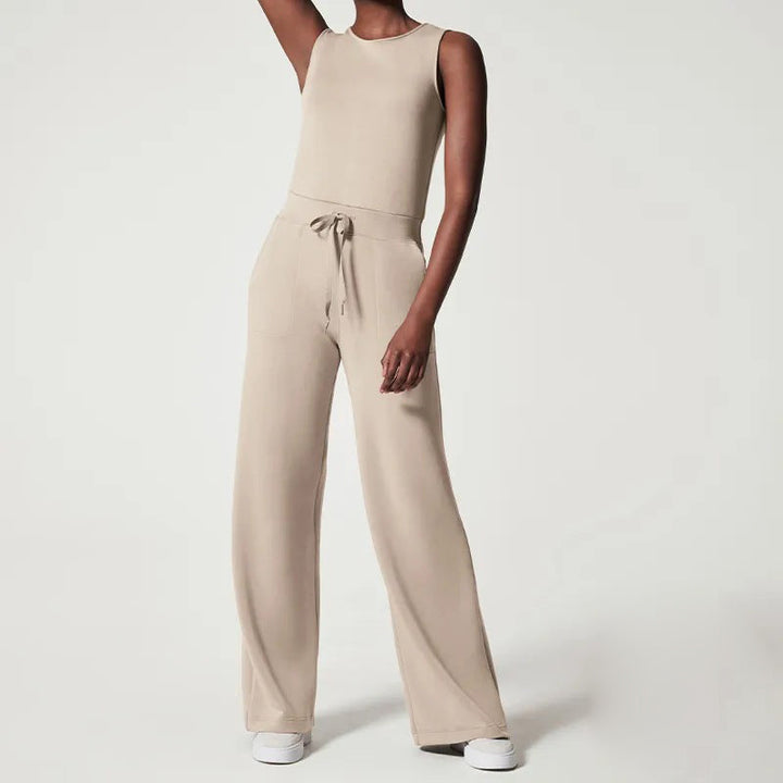 Dame afslappet jumpsuit med brede ben og taljebælte, luftig sommerkjole med korte ærmer