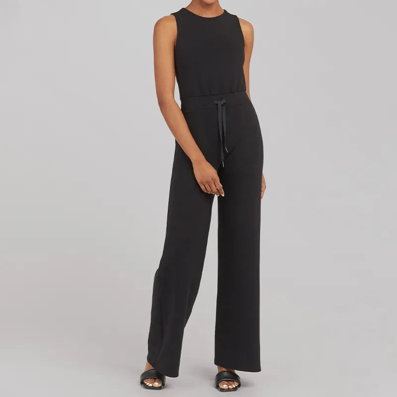 Dame afslappet jumpsuit med brede ben og taljebælte, luftig sommerkjole med korte ærmer