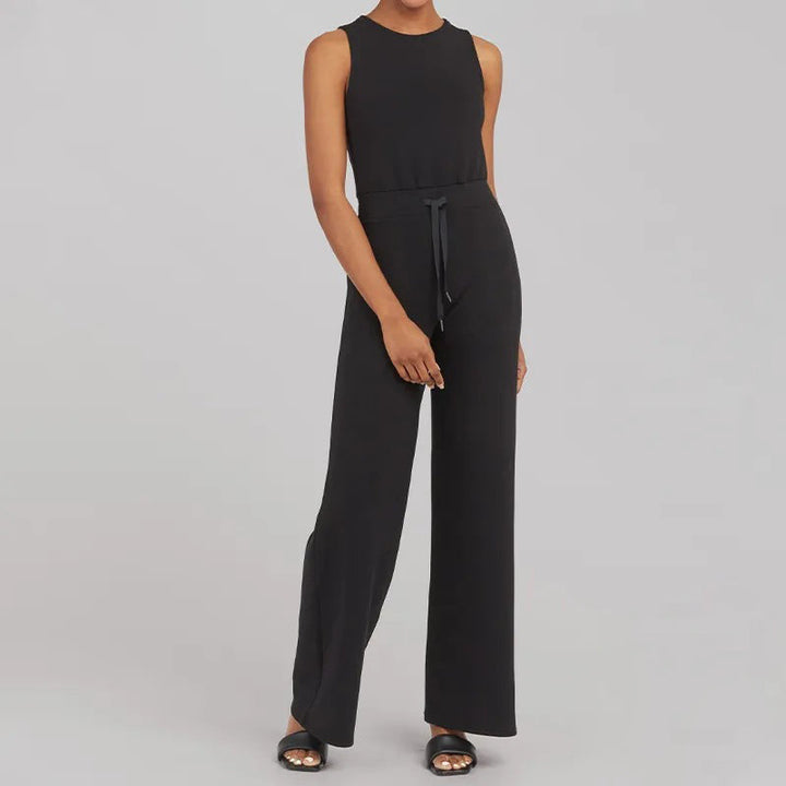Dame afslappet jumpsuit med brede ben og taljebælte, luftig sommerkjole med korte ærmer