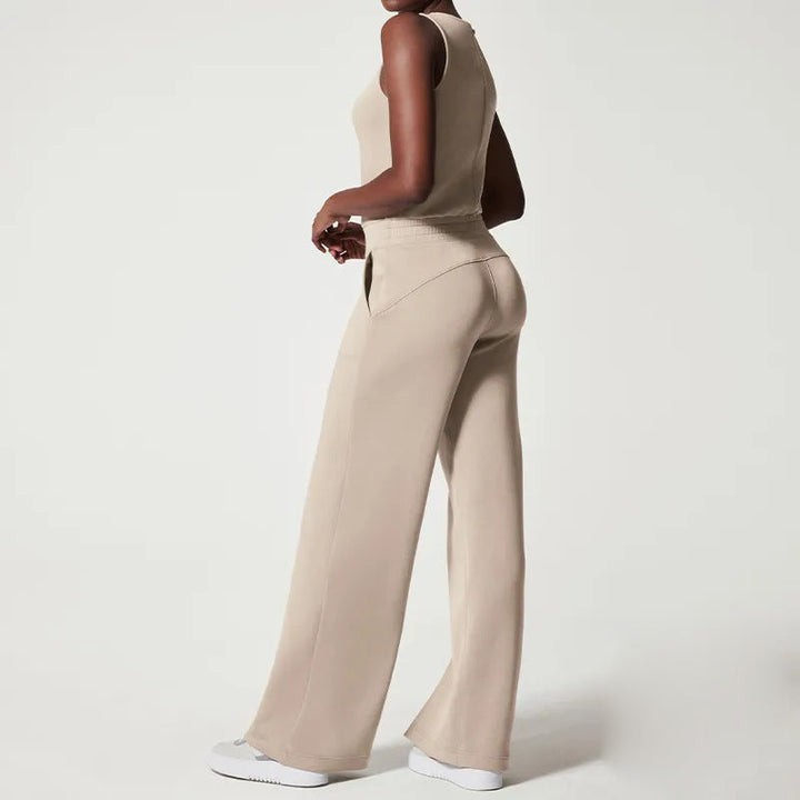 Dame afslappet jumpsuit med brede ben og taljebælte, luftig sommerkjole med korte ærmer
