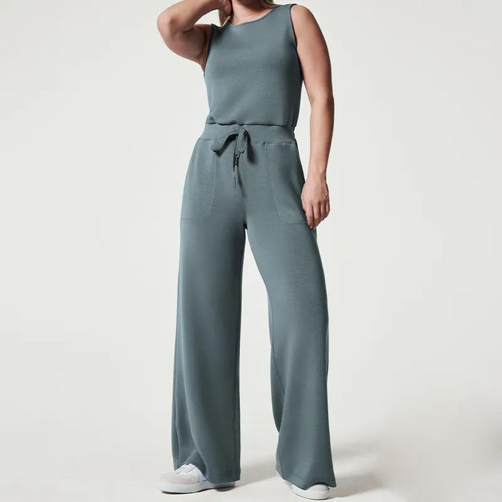 Dame afslappet jumpsuit med brede ben og taljebælte, luftig sommerkjole med korte ærmer