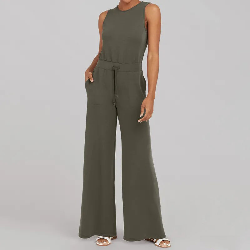 Dame afslappet jumpsuit med brede ben og taljebælte, luftig sommerkjole med korte ærmer