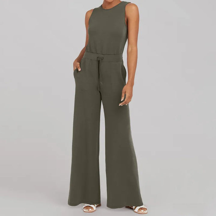 Dame afslappet jumpsuit med brede ben og taljebælte, luftig sommerkjole med korte ærmer