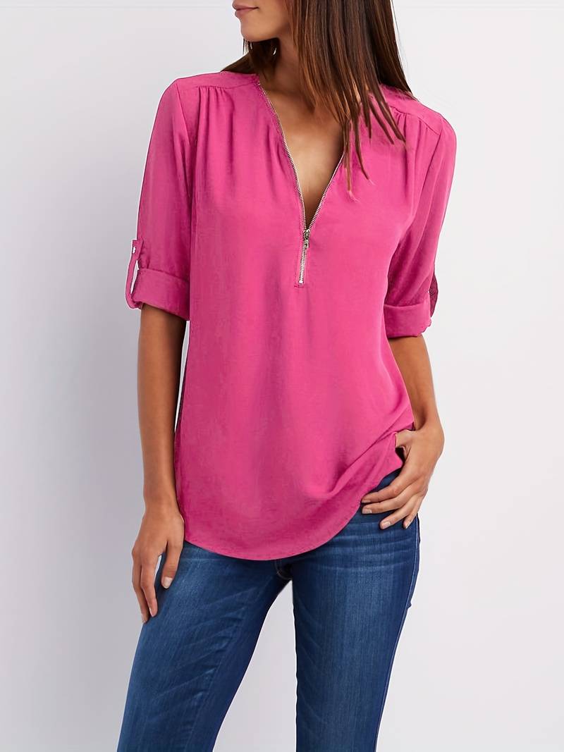 Dame afslappet bluse, rullekrave, halv lynlås, bagfra, rose, komfortabelt og åndbart design.