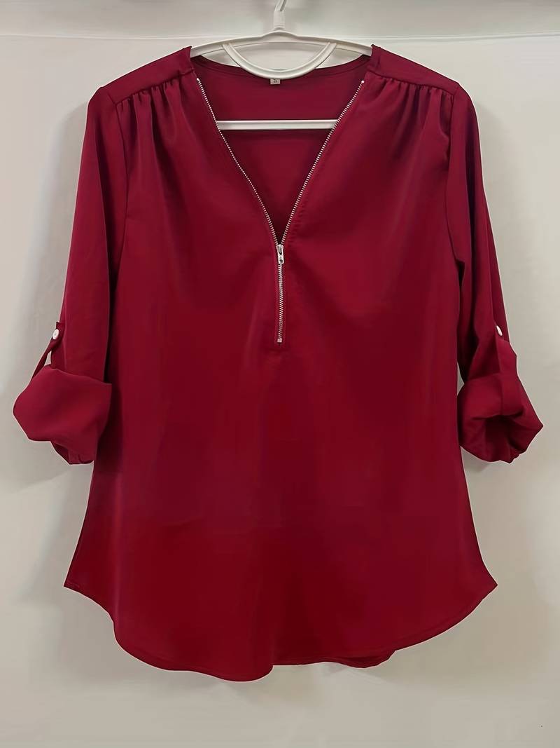 Dame afslappet bluse, rullekrave, halv lynlås, forfra, rose, komfortabelt og åndbart design.