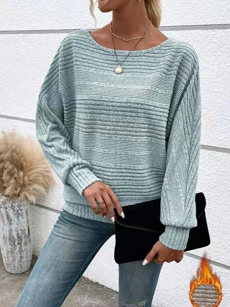 Dame afslappet stribet sweater i akryl blanding, grå-hvid, moderne stil, lange ærmer